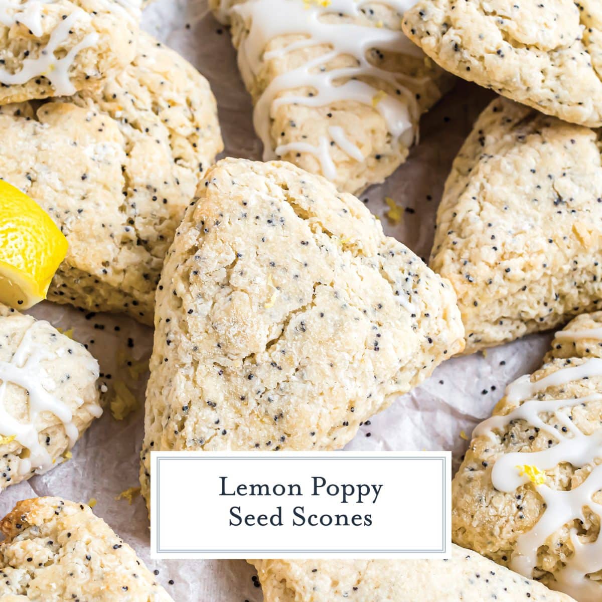 pile of lemon poppy seed scones with text overlay for facebook