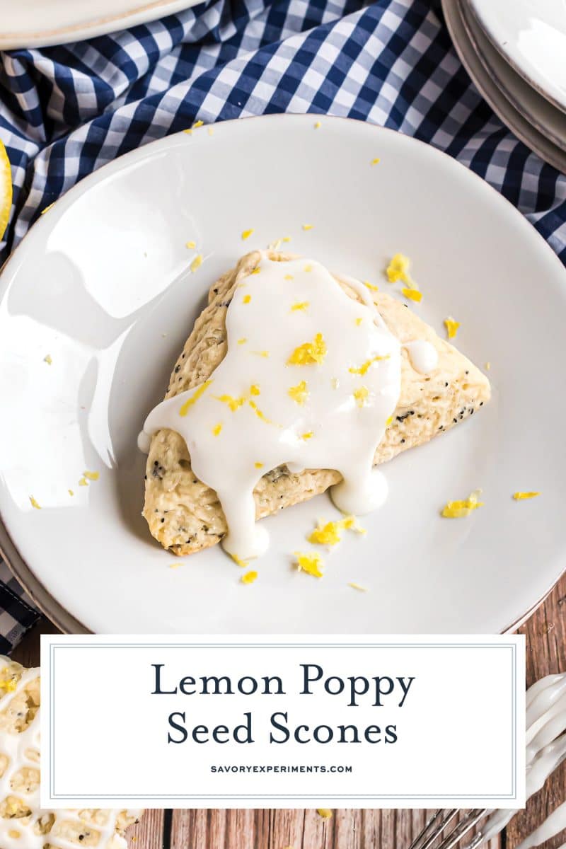 lemon poppy seed scone with glaze on a plate with text overlay for pinterest