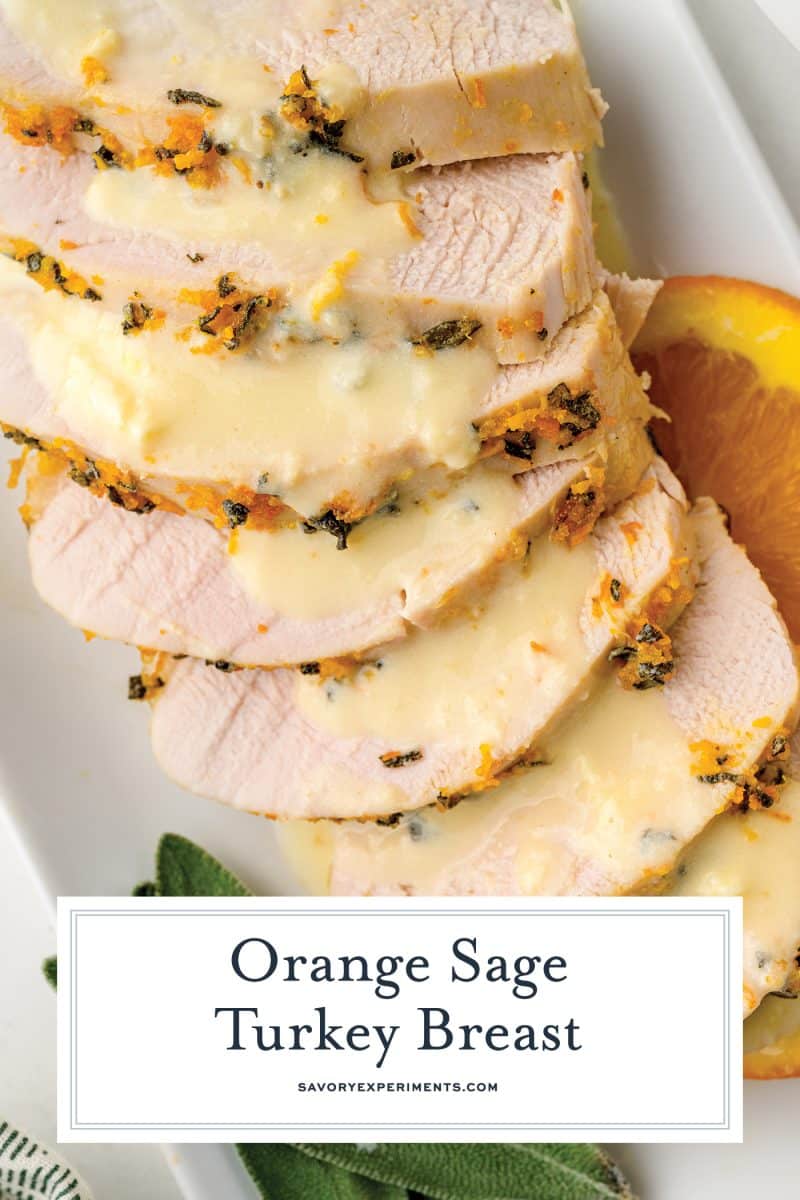 sliced orange sage turkey breast with text overlay for pinterest