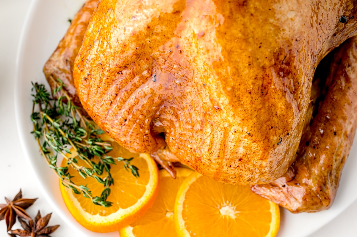 overhead shot of roast turkey with orange thyme rub