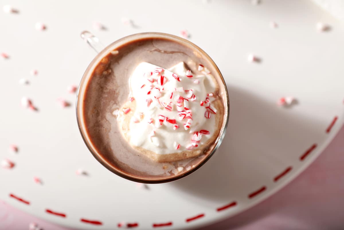 overhead shot mug of peppermint patty cocktail