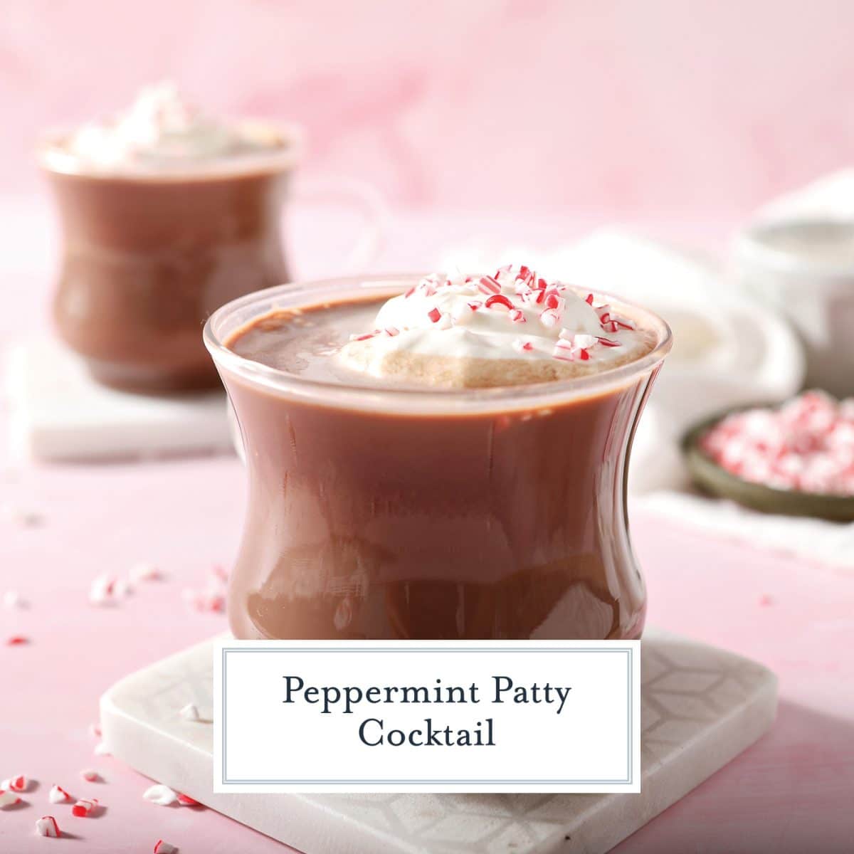 mug of peppermint patty cocktail with text overlay for facebook