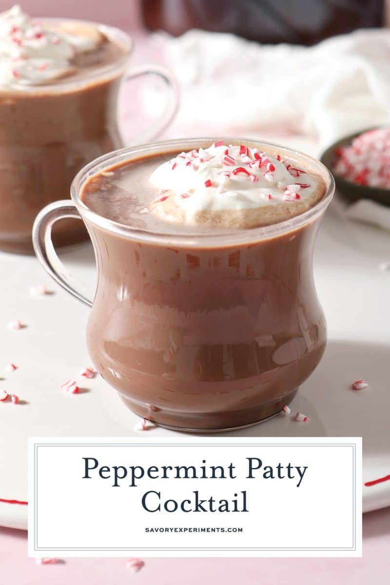 mug of peppermint patty cocktail with text overlay for pinterest