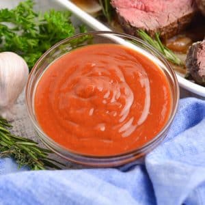 angle view of steak sauce in a bowl