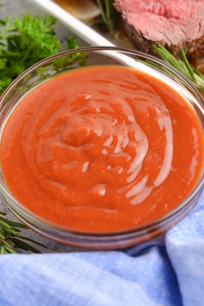 angle view of steak sauce in a bowl