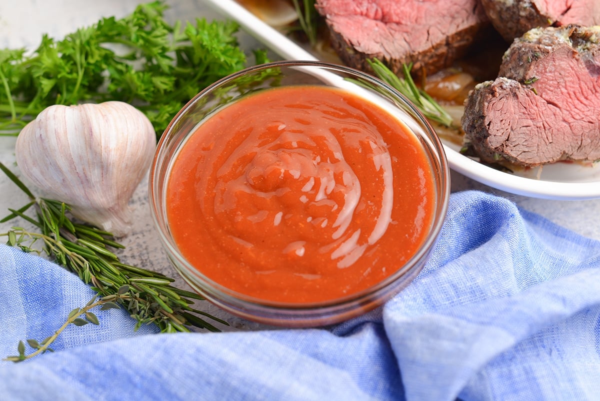 angle view of steak sauce in a bowl