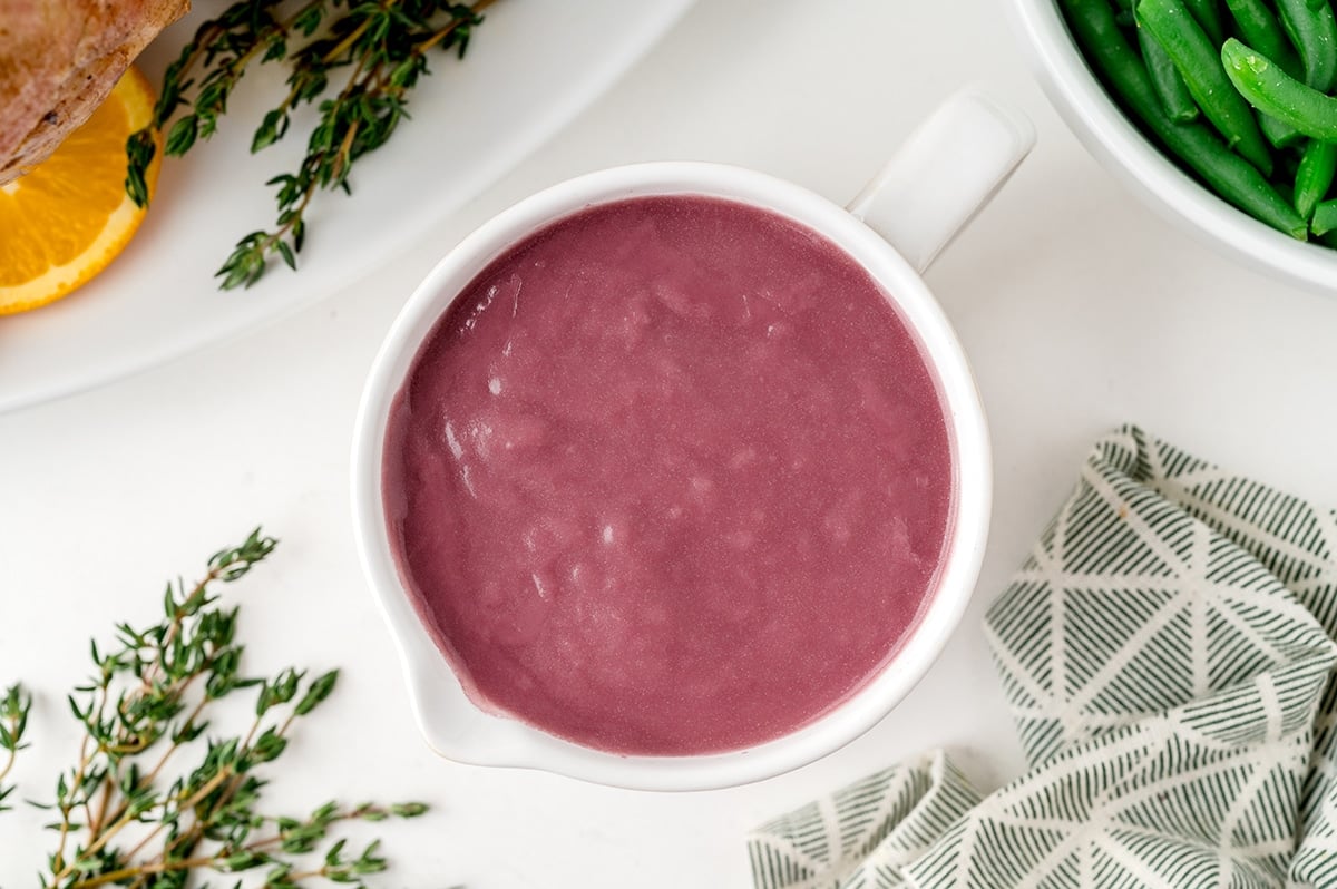 overhead shot of red wine gravy