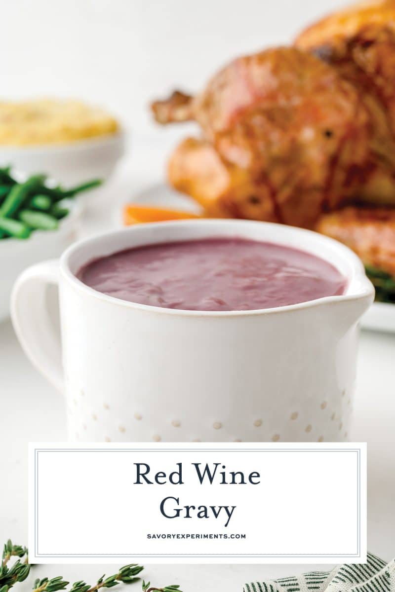 red wine gravy in a dish with text overlay for pinterest