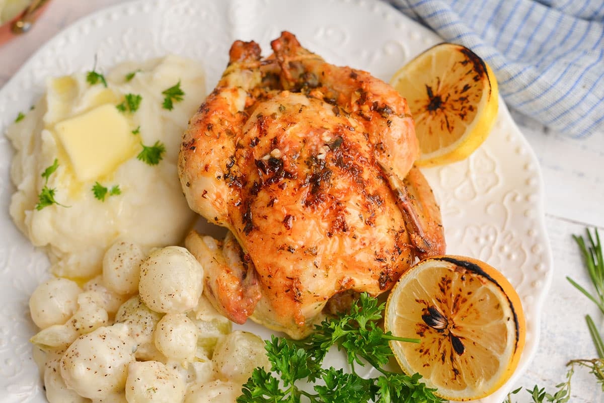 close up of a buttere hen on a white dinner plate