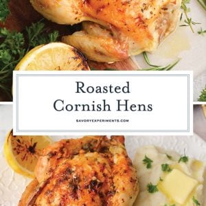roasted cornish hen recipe for pinterest with text overlay