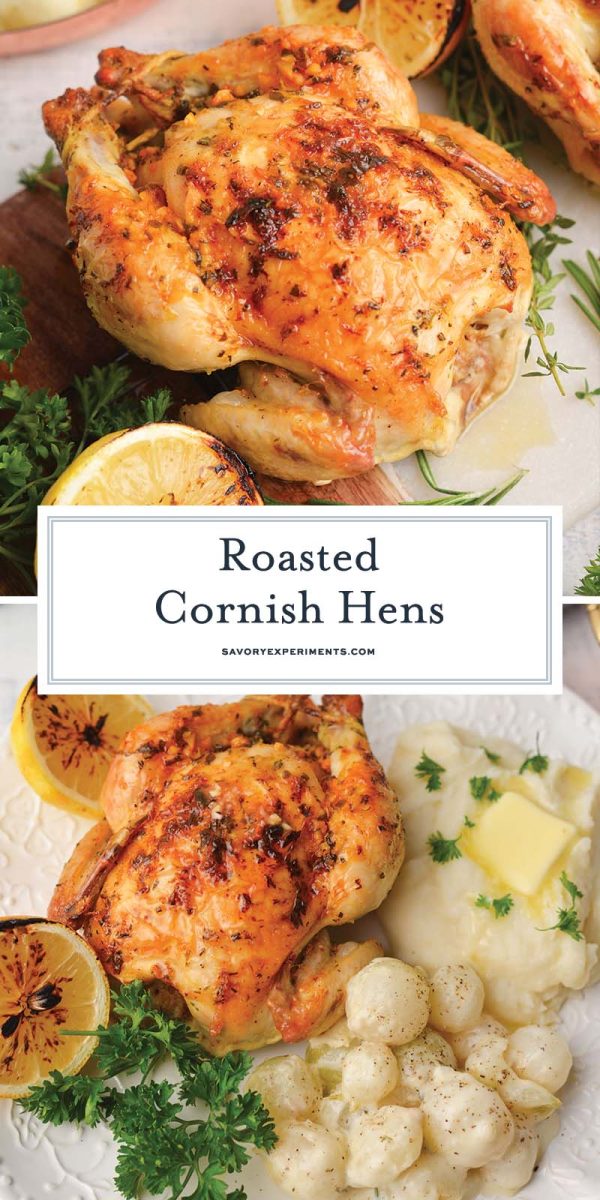 roasted cornish hen recipe for pinterest with text overlay