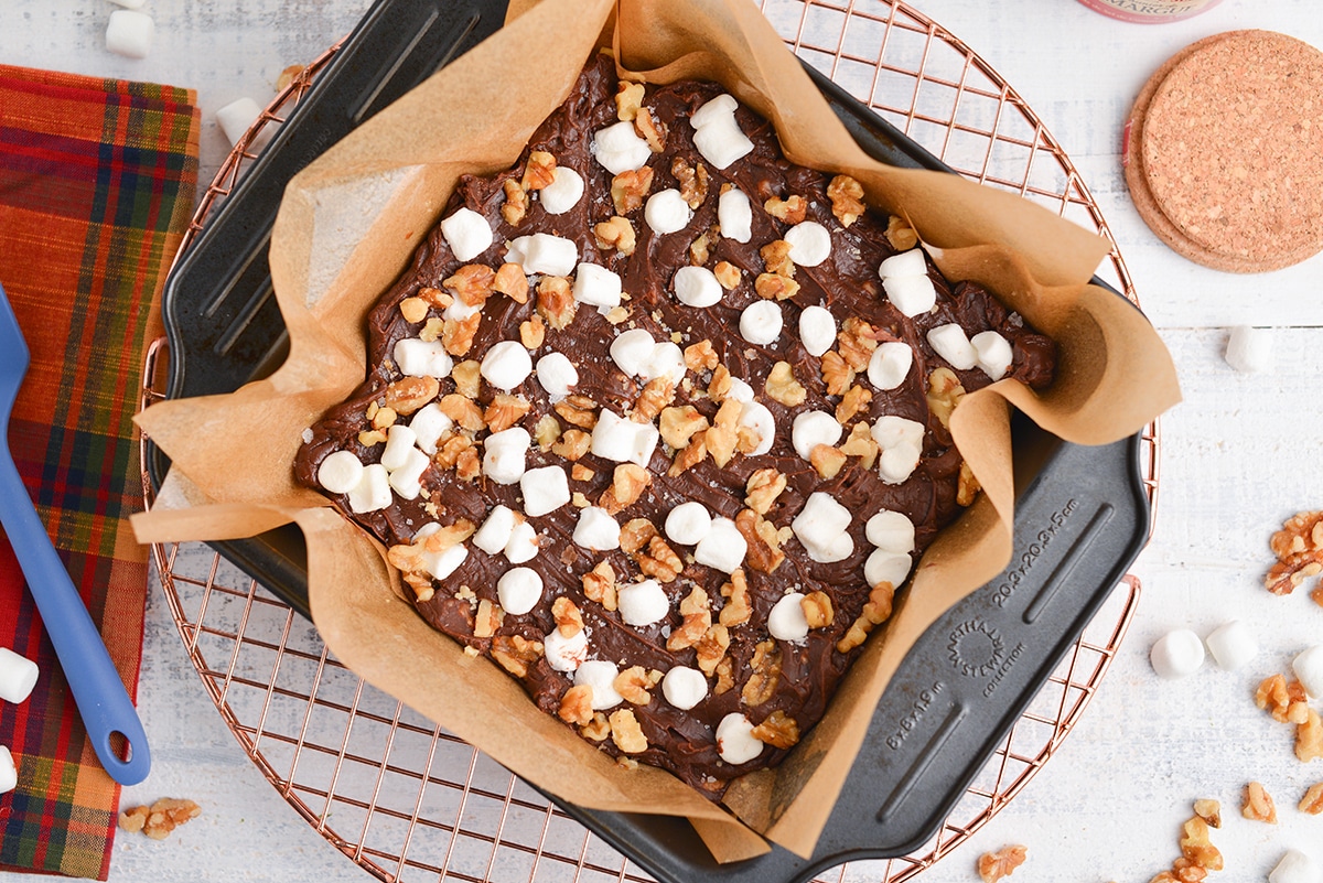 overhead of rocky road fudge in a baking pan
