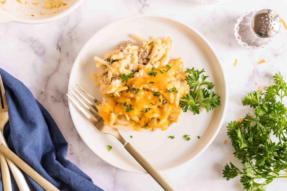 overhead shot of sausage breakfast casserole on a plate