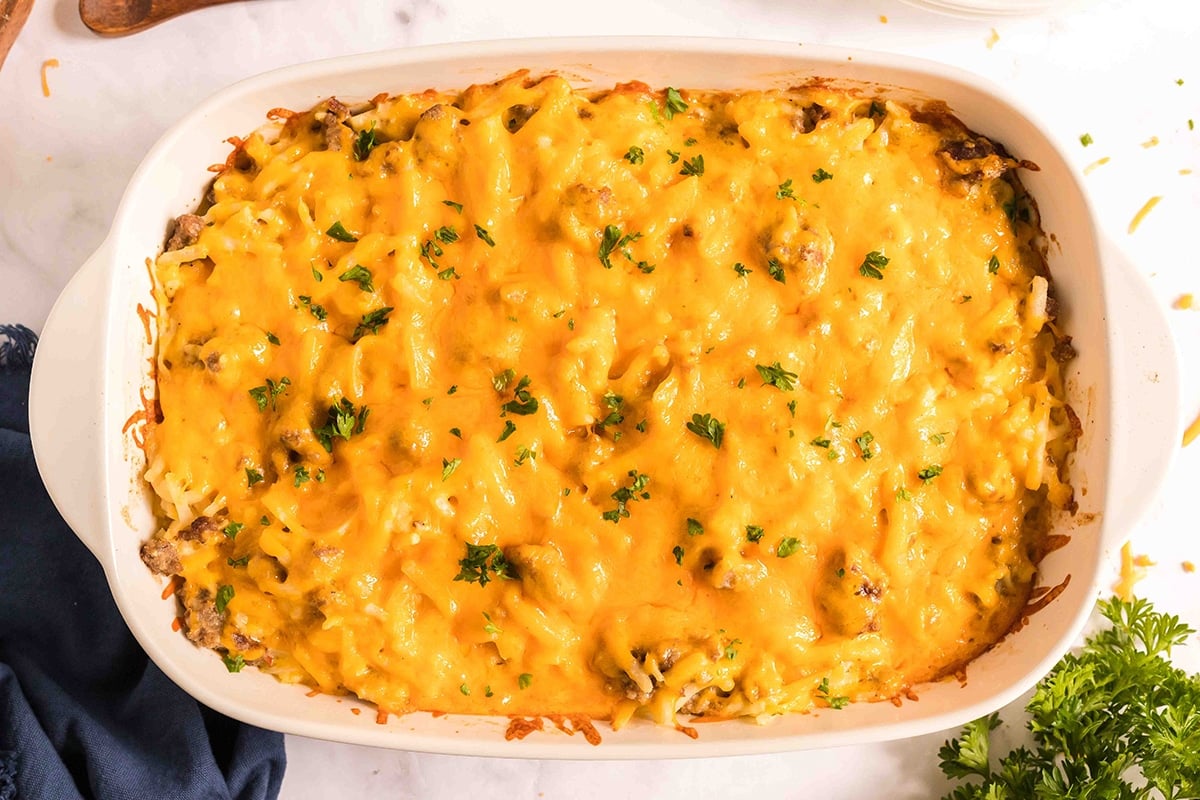 overhead shot of cooked sausage hash brown breakfast casserole