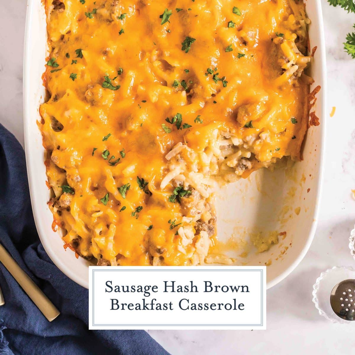 scoop taken out of breakfast casserole with text overlay for facebook
