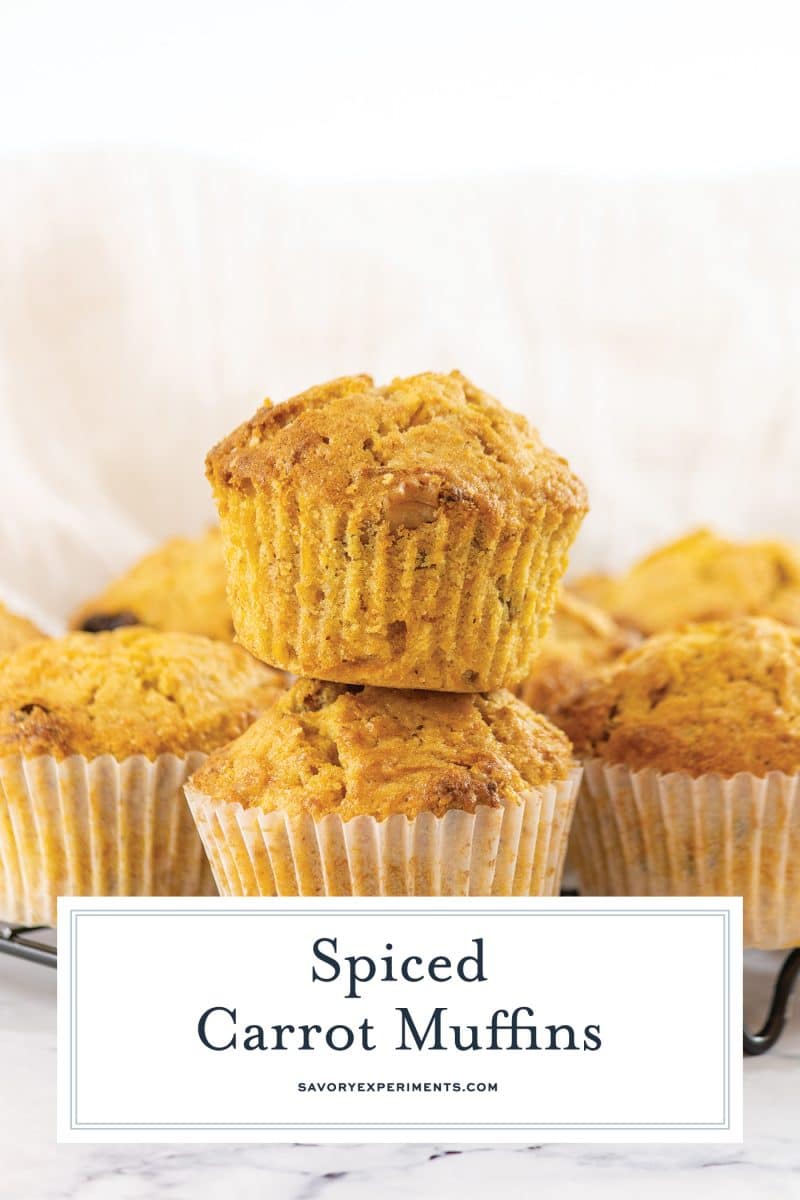 stack of two carrot muffins with text overlay for pinterest