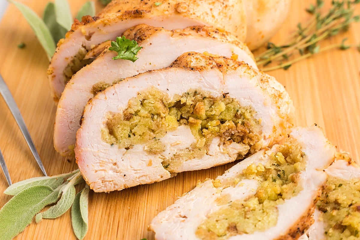 close up of sliced stuffed turkey breast