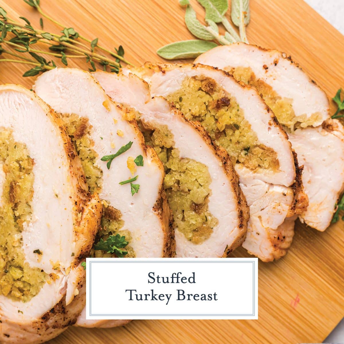 sliced stuffed turkey breast with text overlay for facebook