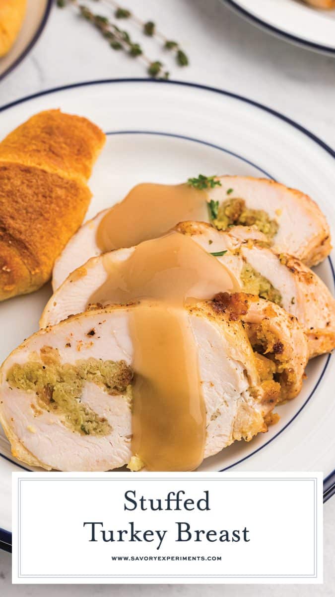 sliced turkey breast topped with gravy with text overlay for pinterest