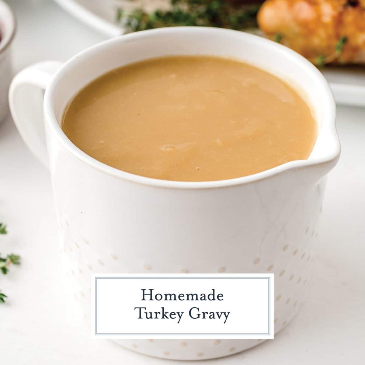 jar of homemade turkey gravy with text overlay for facebook