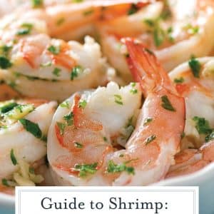 close up of cooked shrimp with text overlay