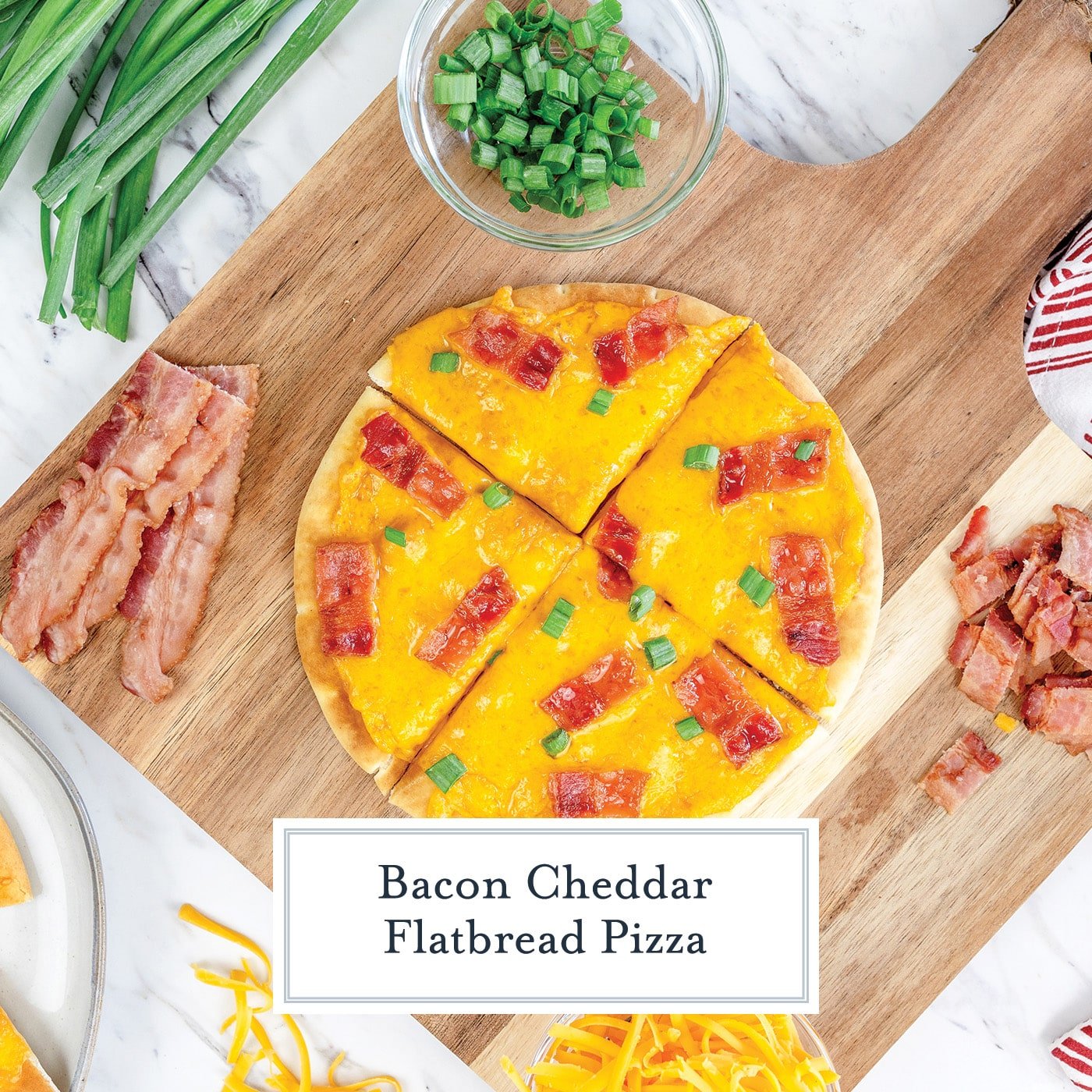 overhead shot of sliced flatbread with text overlay for facebook