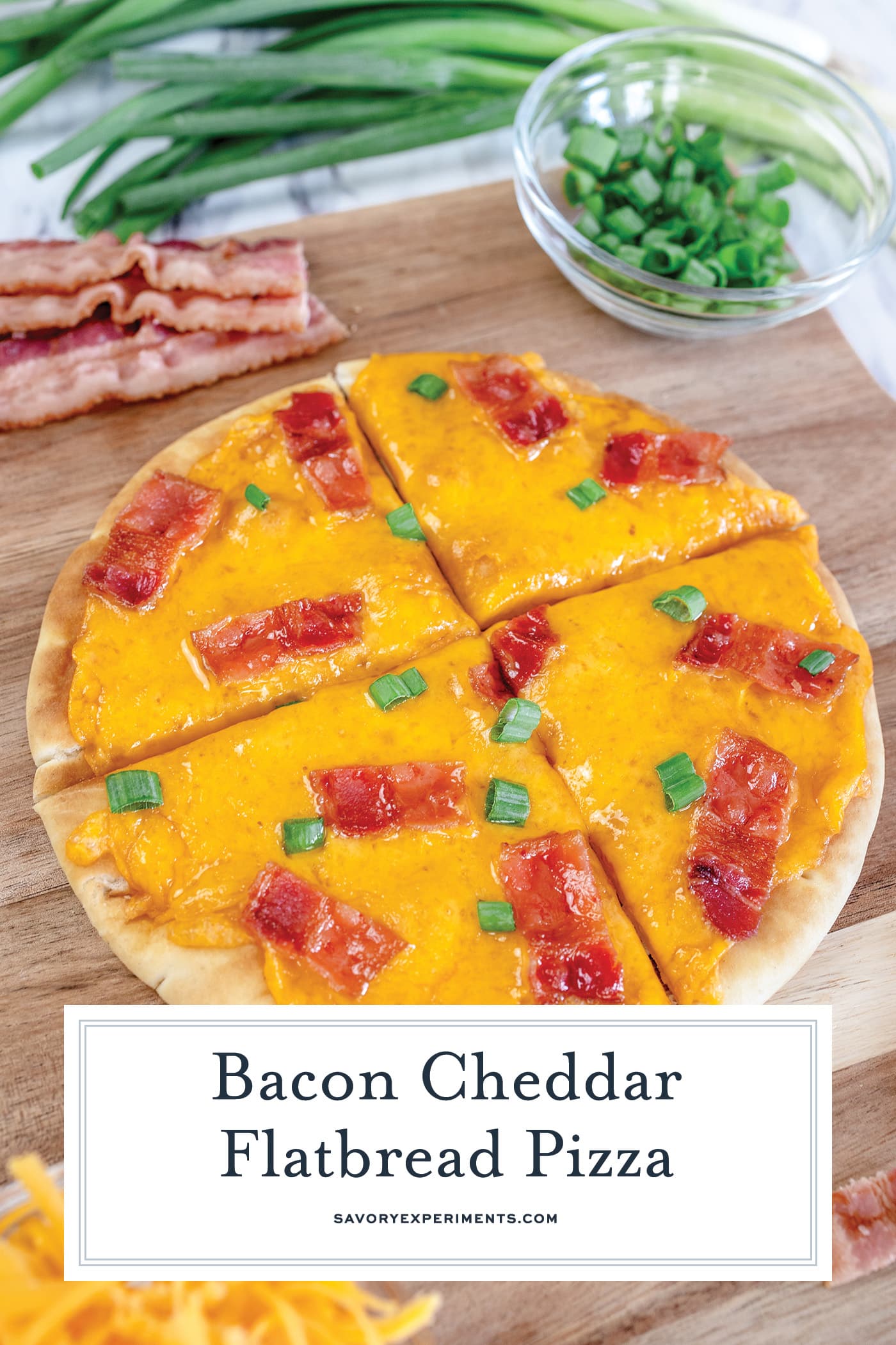 angled shot of bacon pizza with text overlay for pinterest