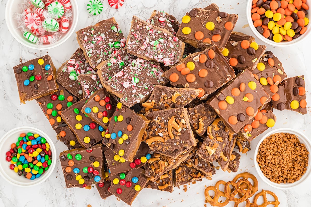 overhead shot of 4 types of candy toffee