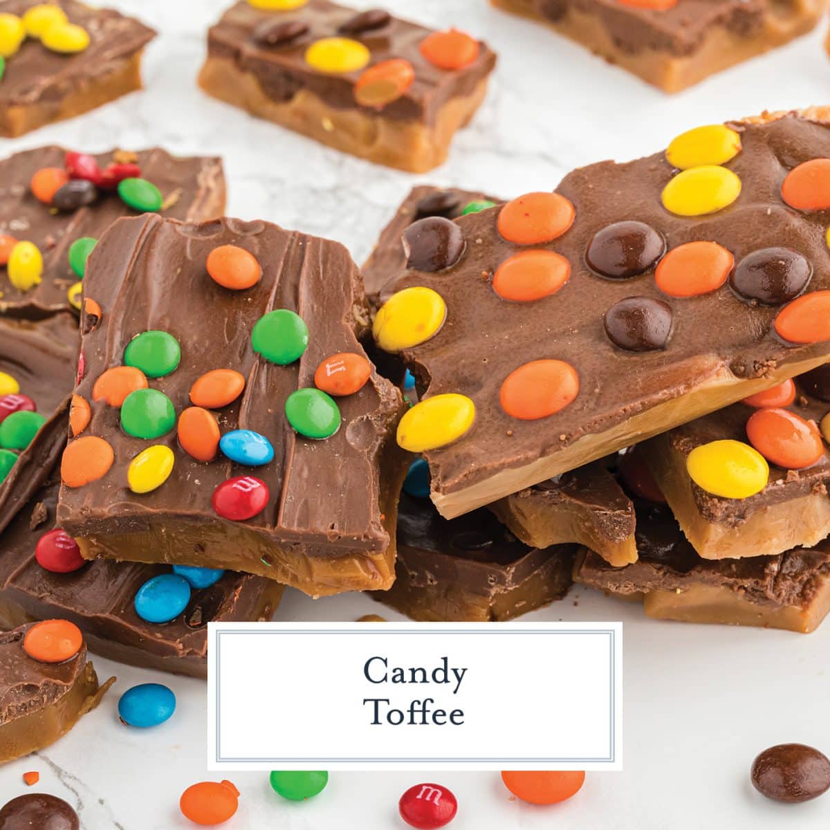 close up of candy toffee with text overlay for facebook