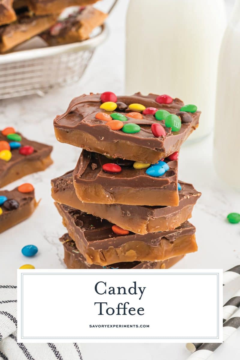 stack of candy toffee with text overlay for pinterest