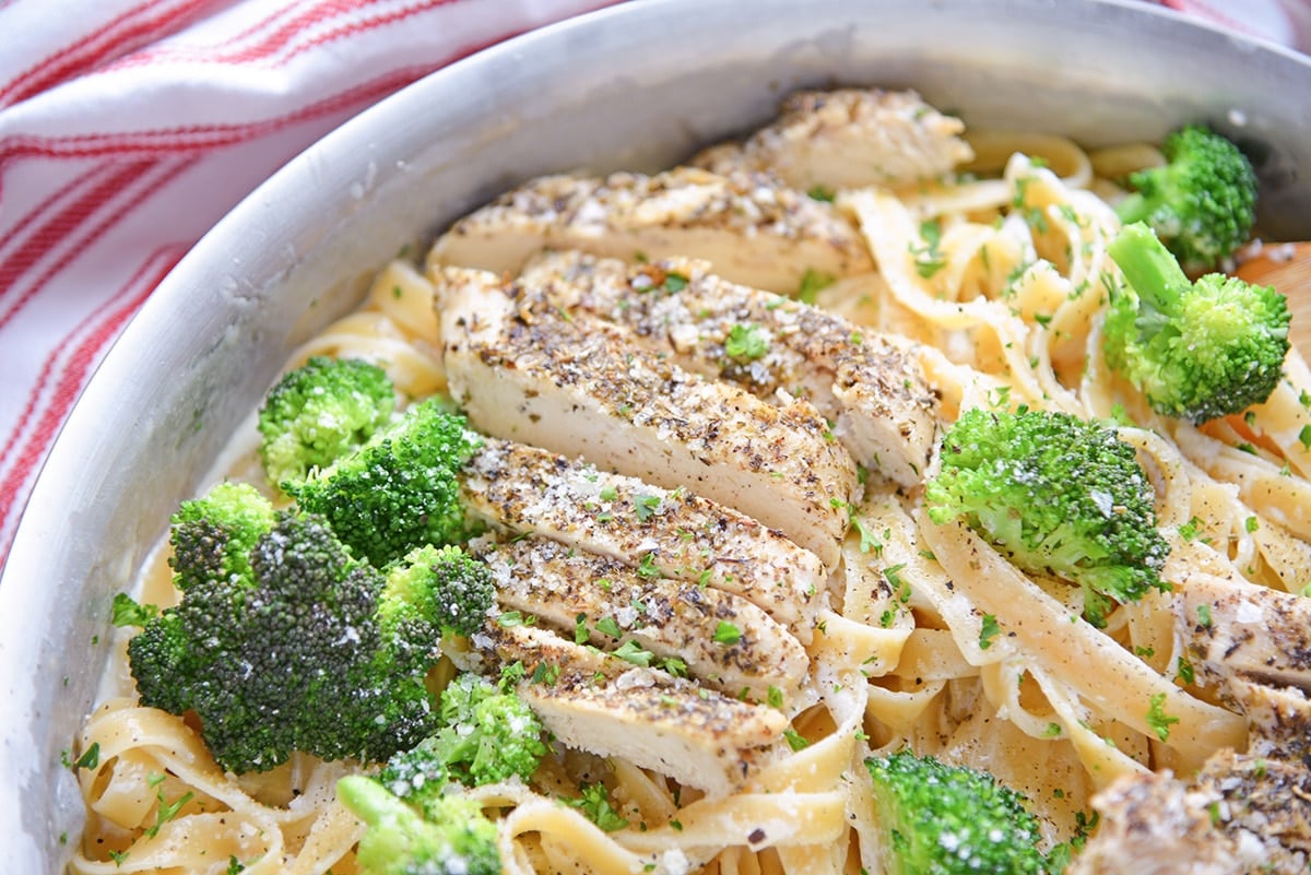 close up of seasoned sliced chicken in a pan