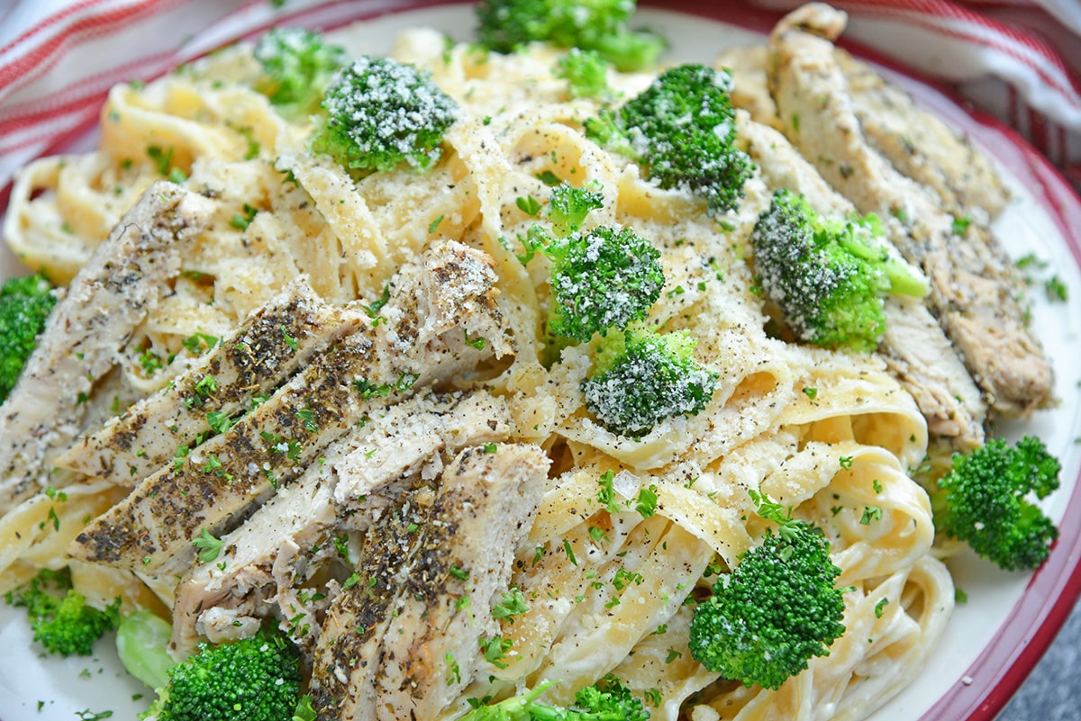 overhead close up of broccoli chicken alfredo