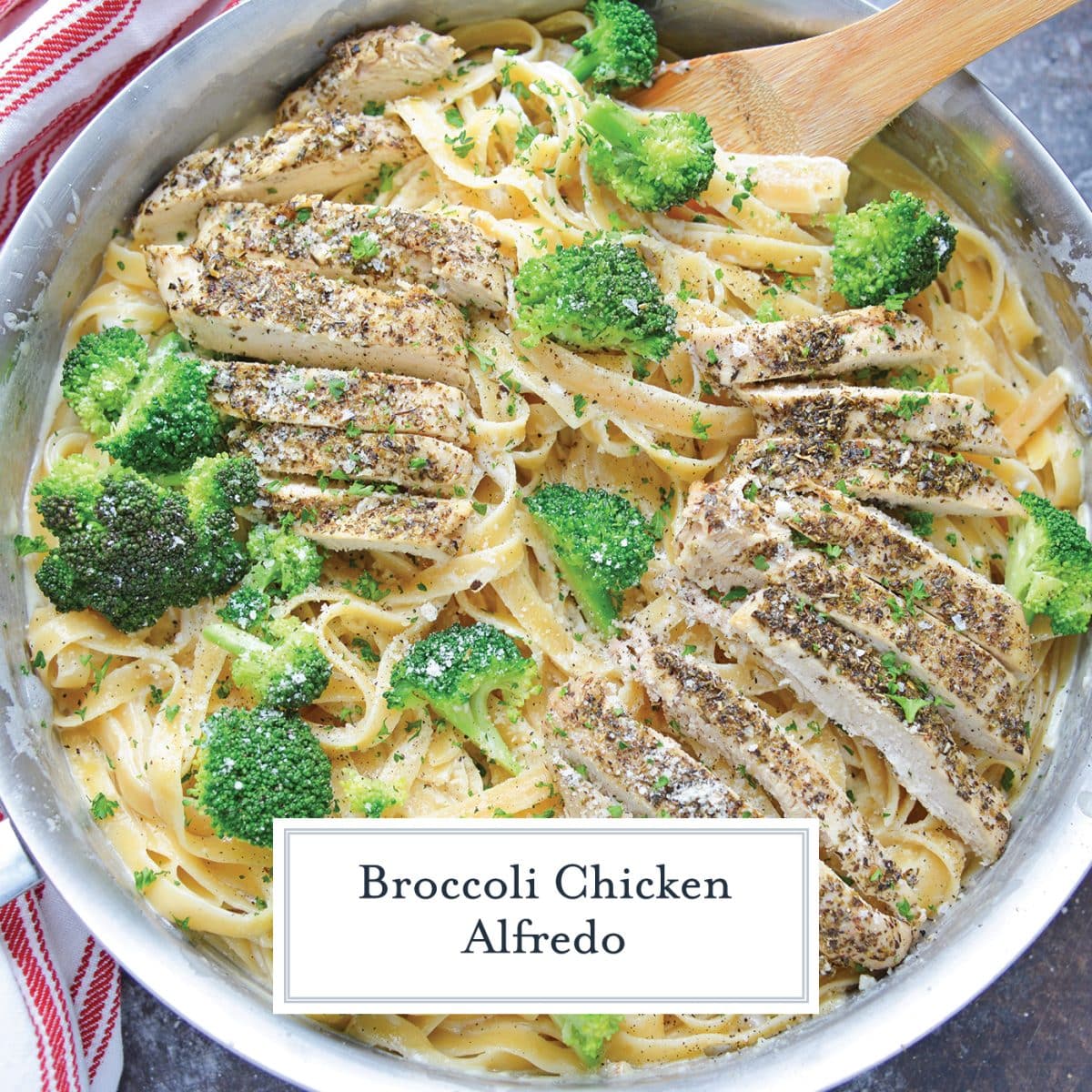 broccoli chicken alfredo recipe with text overlay