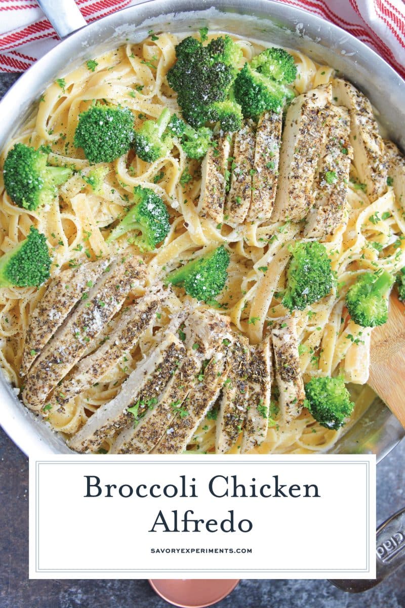 close up of broccoli chicken alfredo