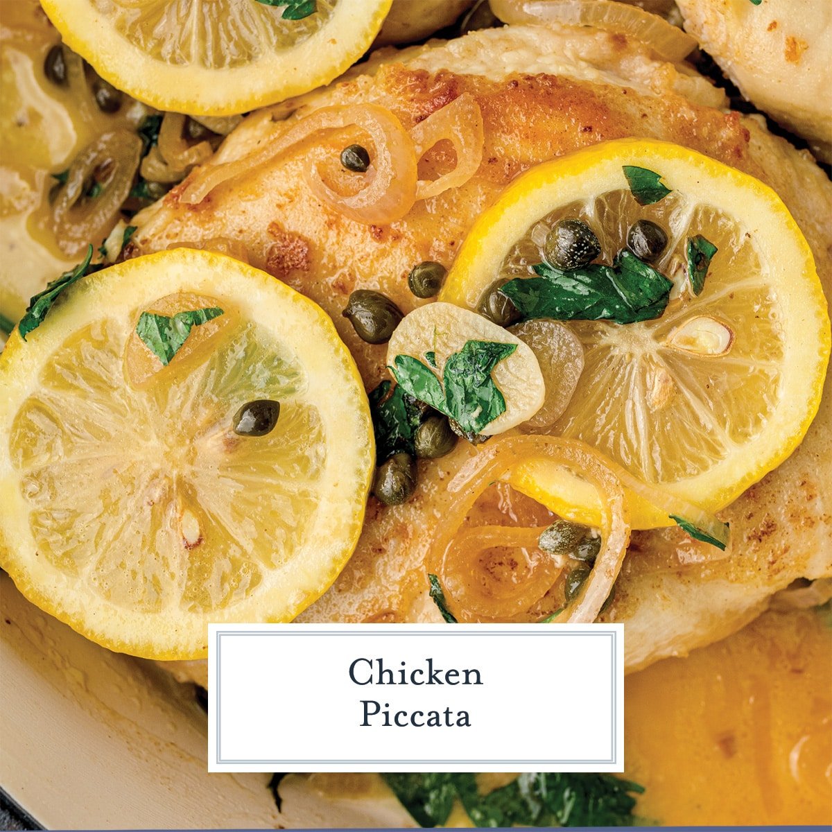 close up of chicken piccata with lemon slices
