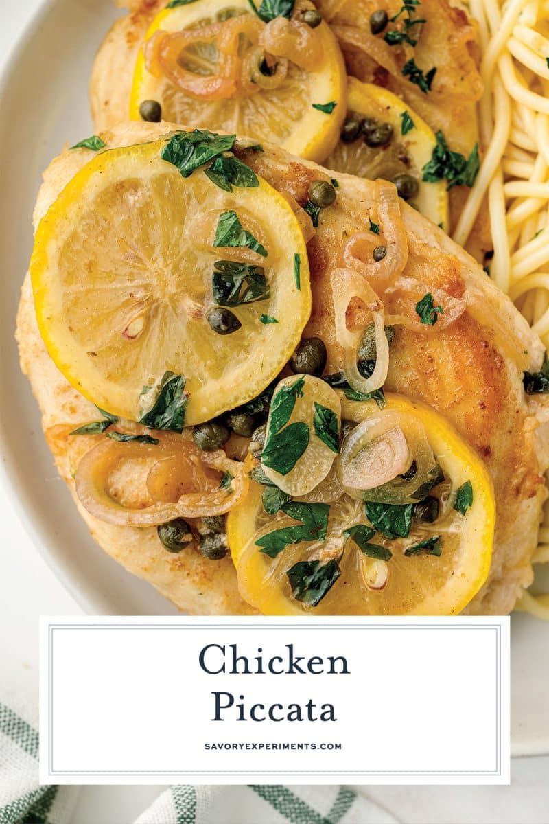 close up of chicken piccata with text overlay