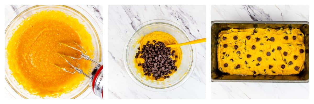 collage of how to make chocolate chip pumpkin bread