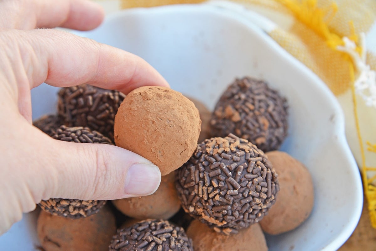 hand holding a cocoa covered chocolate ball