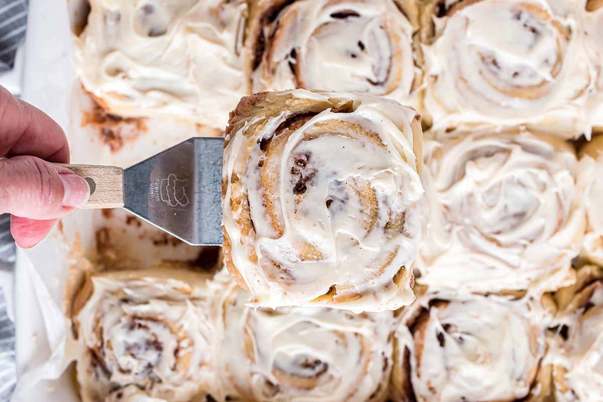 cinnamon roll on a spatula