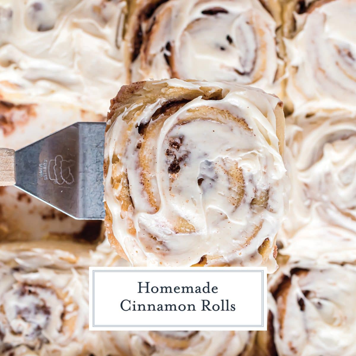 cinnamon roll on a spatula with text overlay for facebook