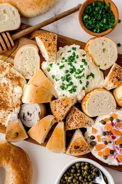 overhead shot of cream cheese board