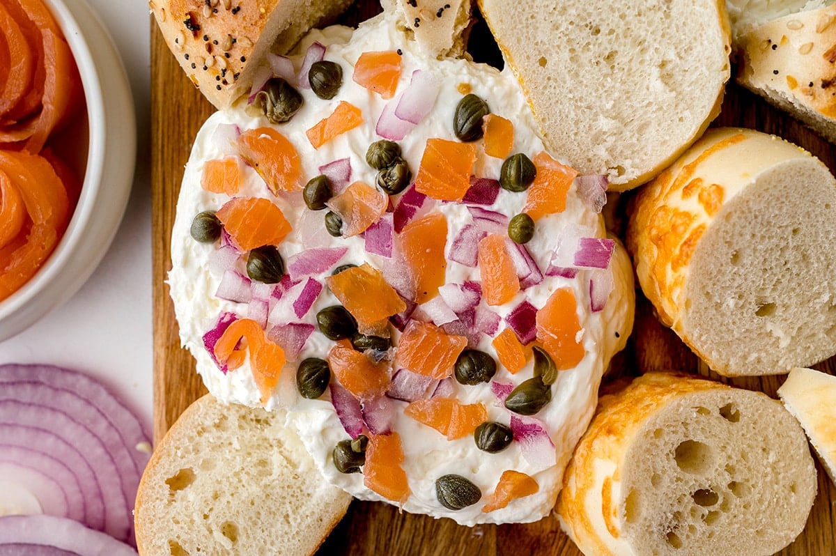 overhead shot of lox cream cheese with bagels