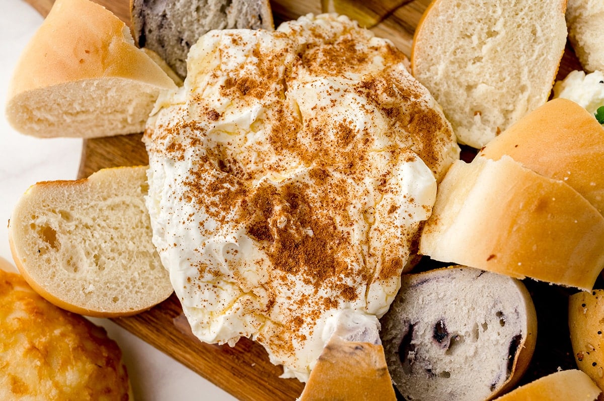 overhead shot of cinnamon honey cream cheese with bagels