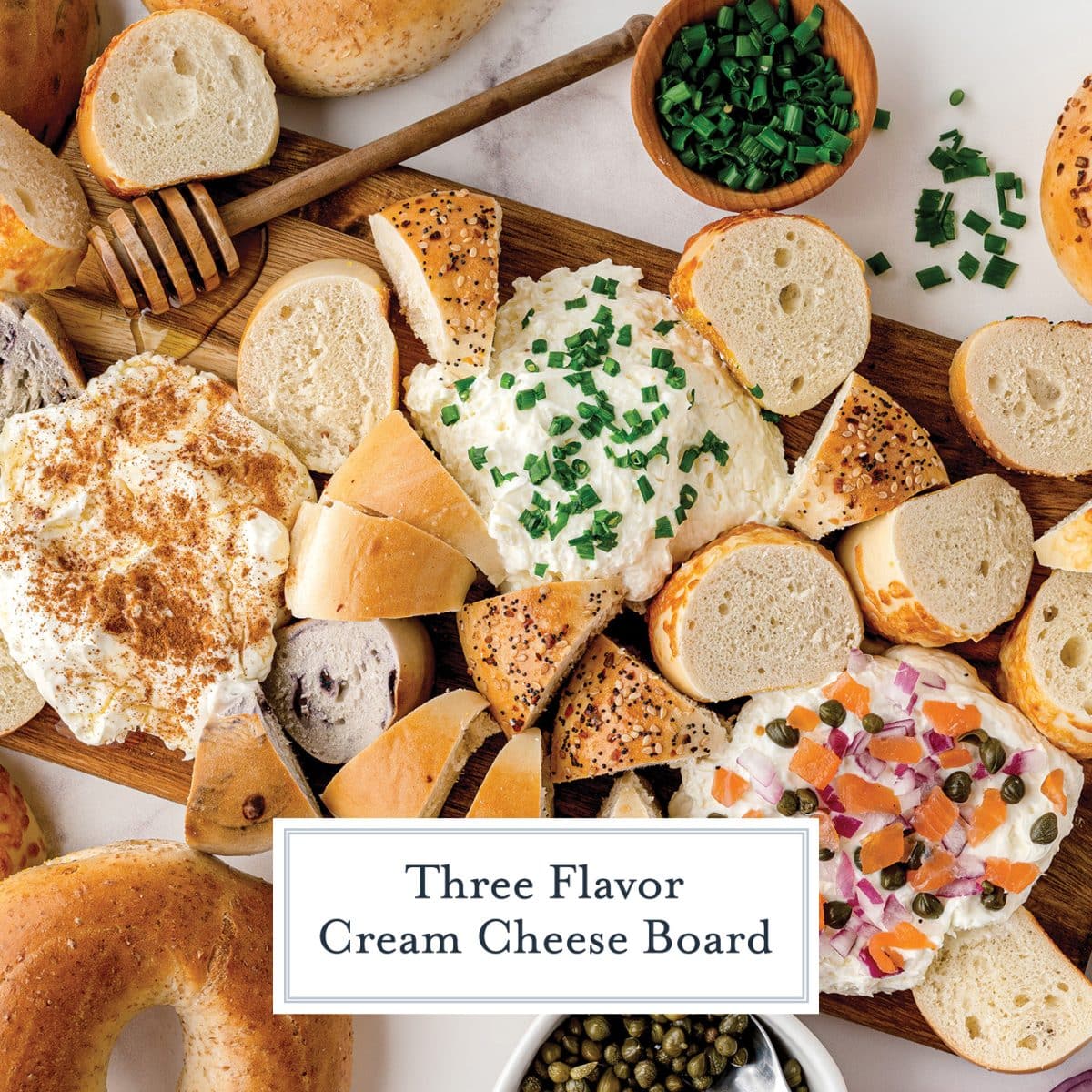 overhead shot of cream cheese board with text overlay for facebook