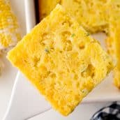 overhead shot of creamed corn casserole on spatula