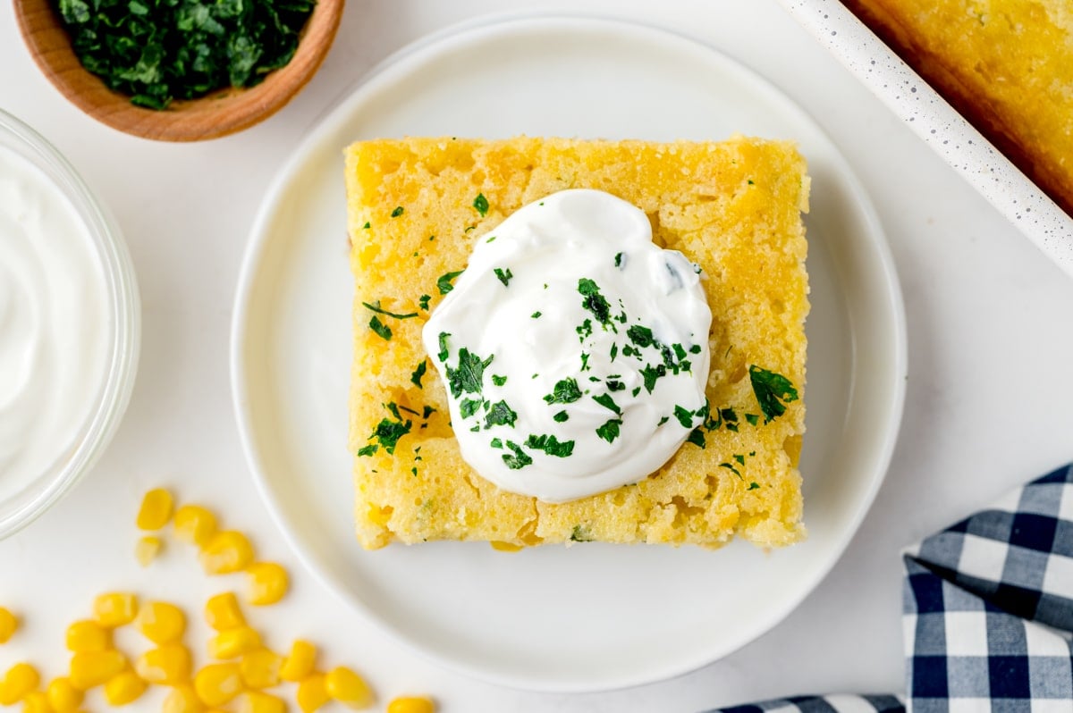 overhead shot of slice of creamed corm casserole