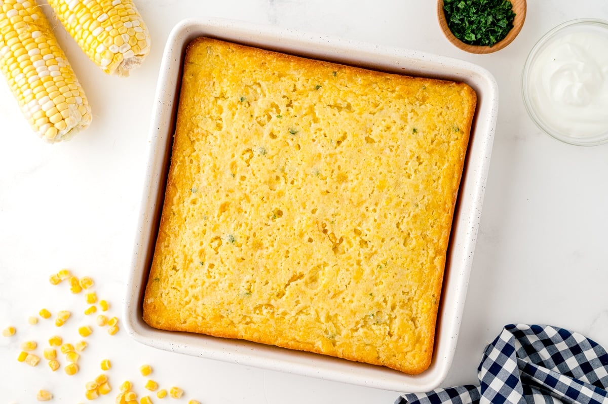 overhead shot of baked creamed corn casserole