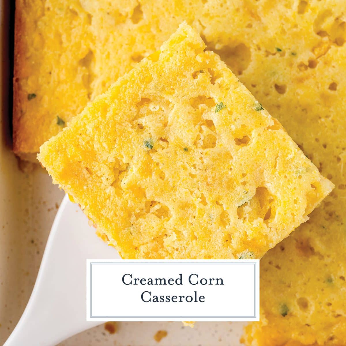 overhead shot of slice of casserole with text overlay for facebook