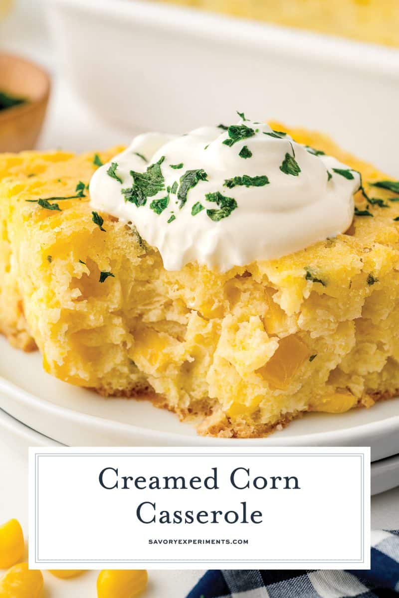 bite taken out of creamed corn casserole with text overlay for pinterest