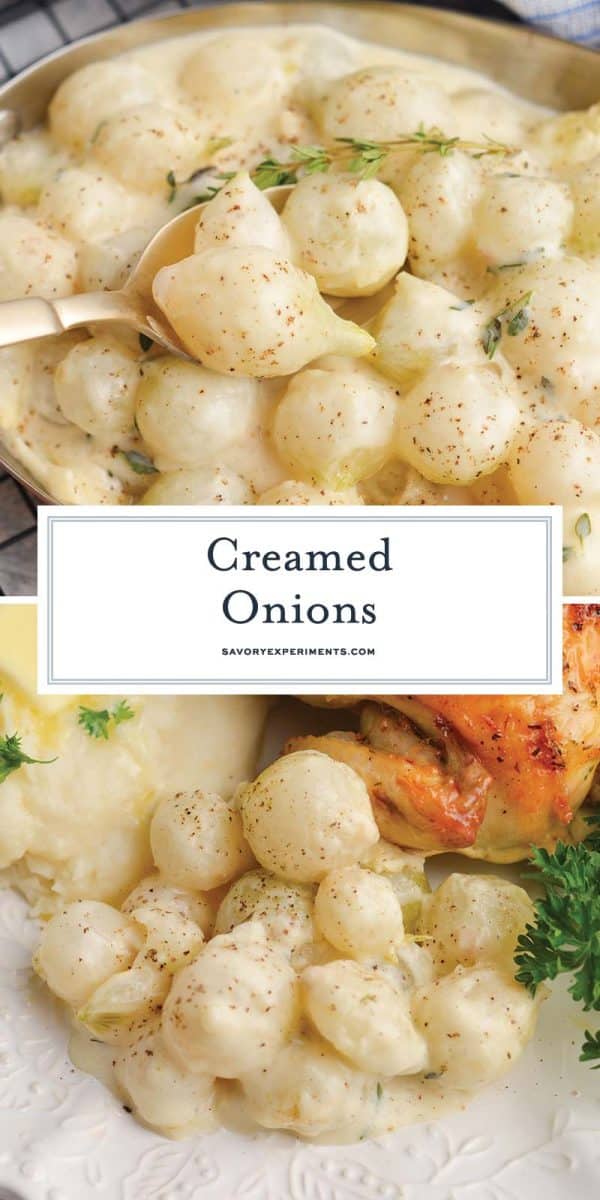 collage of creamed onions for pinterest